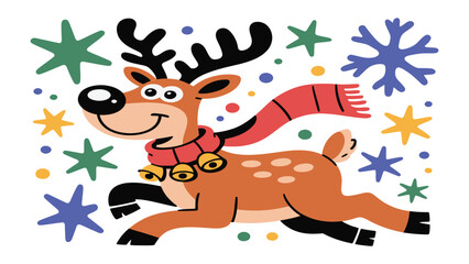 Cheerful Reindeer Festive Cheer: A charming reindeer, adorned with a red scarf and jingling bells, leaps joyfully amidst a flurry of colorful snowflakes, embodying the playful spirit of the season.