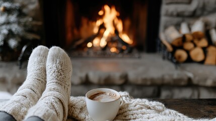 Feet in warm, patterned socks rest on a cozy couch with a cup of coffee nearby, while a crackling fire adds to the comfort of the scene