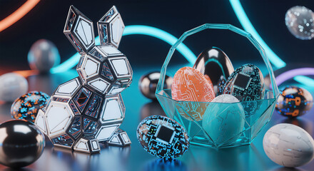 Futuristic Cyber Easter Banner background featuring a geometric chrome bunny, digital patterned eggs in a glass basket, glowing neon lights, and high-tech aesthetics.