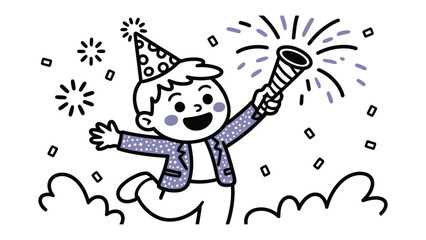 Celebratory Delight: A joyful figure, adorned in a festive hat and jacket, bursts with excitement, launching a confetti cannon into the air amidst a flurry of sparkles.