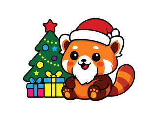 Cute festive animal cartoon with Christmas tree and gifts vector illustration. Perfect for holiday cards, kids prints, stickers, and seasonal designs.
