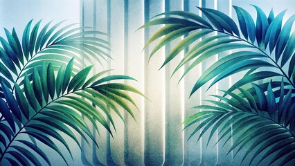 Green palm with reeded glass. Ribbed Background. Abstract illustration on clean panel for modern beauty design. Beautiful summer decor with luxury concept. White Reeded Glass. Plant leaves.