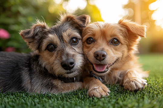 Two adorable small dogs cuddle closely together on green grass at sunset, looking at the camera with happy, relaxed expressions, creating a warm, friendly atmosphere.
