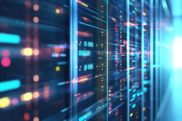 Modern server rack close up with flowing data signals inside secure data center, AI cloud computing infrastructure, perfect for cloud services, data processing, and IT operations concepts