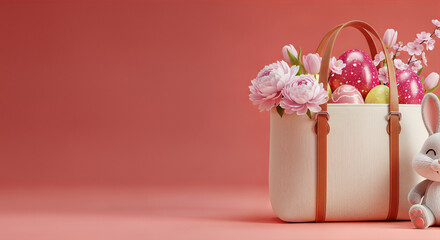 Joyful Easter spring banner template with decorated eggs, plush bunny, and fresh flowers in a stylish tote bag on a coral pink background, ready for commercial copy space.