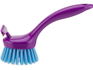 Isolated purple dish brush with blue bristles on a light studio setup for washing utensils