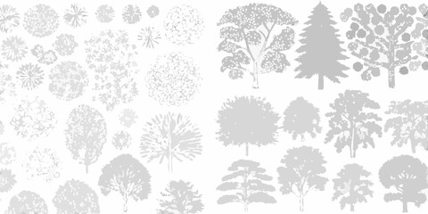 A grayscale collection of various tree shapes and foliage patterns