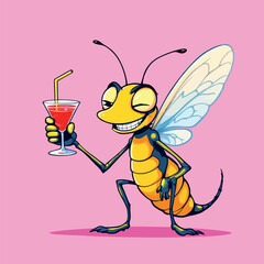 Vsai cartoon bee character winking holding cocktail drink