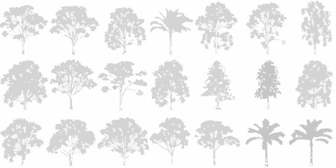 A collection of various tree silhouettes in shades of gray on white background