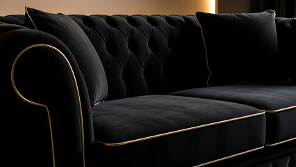 Obraz premium Luxurious black sofa with gold trim in a modern living room setting