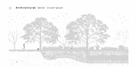Obraz premium Grayscale architectural illustration depicting trees a path and landscape elements