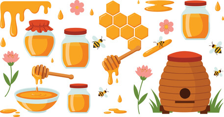 Honey and beekeeping vector illustration set featuring jars, honey dipper, beehive, bees, honeycomb, flowers, and dripping golden honey elements © Sumon Creative