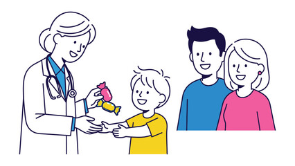 Healthcare Harmony: A caring doctor provides cheerful child with some sweets during their consultation while supportive parents look on, symbolizing compassion, care and well-being.