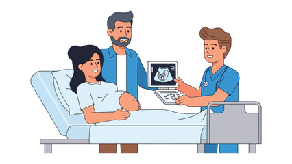Pregnancy ultrasound examination: a doctor showing parents the ultrasound of the baby in examination room.