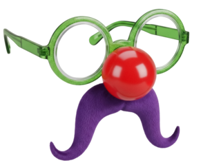 Isolated novelty gag eyeglasses with red nose and purple mustache costume party prop
