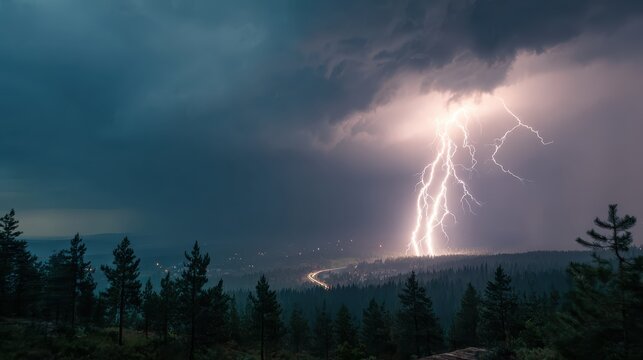 Dramatic Lightning Strikes Over Forest Landscape During Stormy Night Sky with Dark Clouds Above and Distant Lights in Background