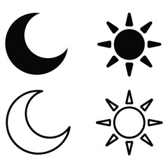 sun and moon icons set in filled and outline styles, simple day and night symbols for weather, time, astronomy and minimal design use