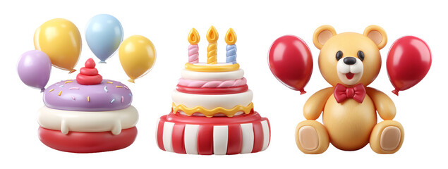 Colorful Party Props with Cake, Teddy Bear, and Balloons for Fun Celebrations