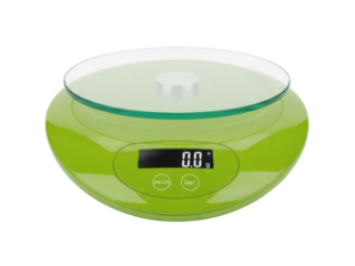 Isolated green digital kitchen scale for measuring ingredient weight with glass platform