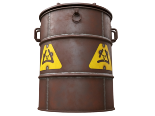 Isolated aged metal barrel containing toxic waste, dangerous chemicals with biohazard signs