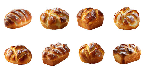 Set of sweet golden braided brioche breads with powdered sugar on top, isolated on transparent background