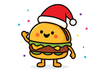 Cute festive burger cartoon wearing Santa hat vector illustration. Ideal for Christmas food branding, stickers, menus, kids designs, and holiday art.
