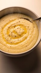Creamy polenta topped with melting butter and cracked black pepper, a comforting and delicious dish ready to be enjoyed on a cool evening