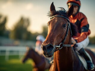 Obraz premium Horse racing in action, close up.