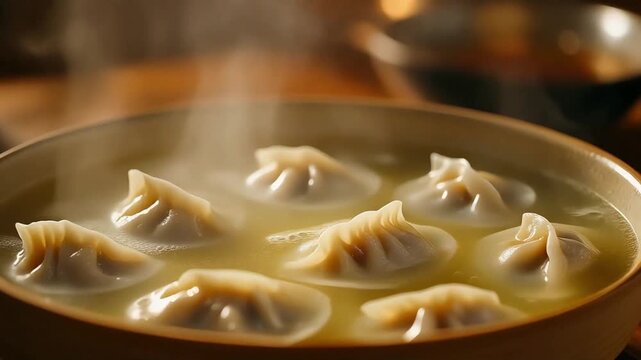 Capture a close up view of dumpling broth shimmering beneath thin dough with steam drifting and soft warm lighting highlighting delicate translucency