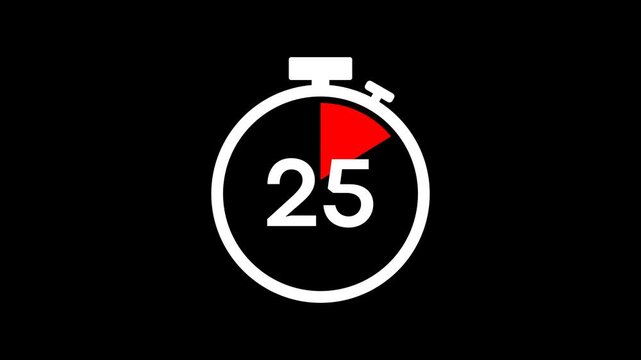 Animation of timer clock icon with 30 second. Stopwatch icon in flat style 30 to 0 minute isolated on black background.