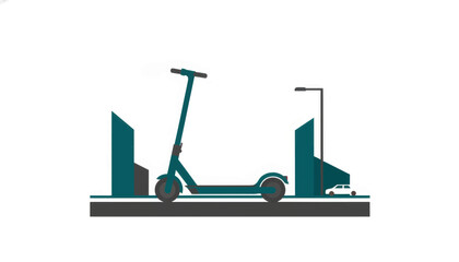Electric scooter on a city street. Urban mobility and eco-friendly transport concept. Minimalist flat design vector illustration