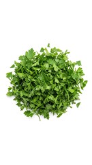 Naklejka premium Freshly chopped parsley pile ready for culinary creations, vibrant green herbs for healthy recipes and delicious gourmet meals on white background