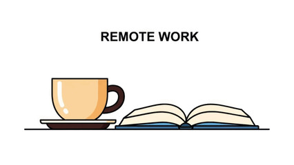 Remote work concept illustration with coffee cup and open book. Flat design vector graphic for home office and study themes
