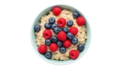 Isolated bowl of breakfast cereal with berries, oatmeal porridge with raspberries, blueberries