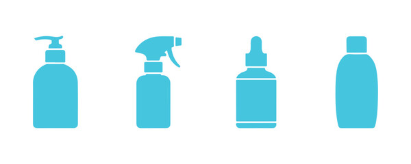 Fototapeta premium Collection of cosmetic plastic bottle icons designed for packaging. Vector stock illustration set against a background for the beauty sector, product label pack.