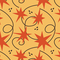 Seamless pattern with hand drawn abstract spots, stars and lines. Cute vector background with geometric shapes for prints, textiles, fabrics and wallpaper