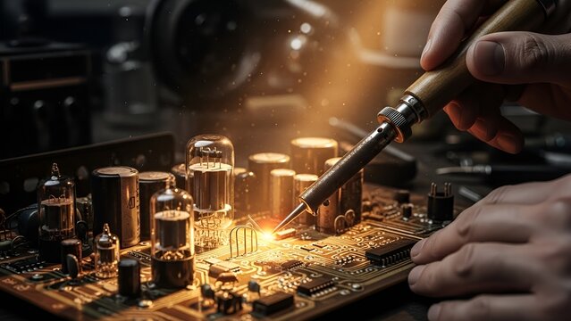 A skilled technician meticulously solders a complex vintage electronic circuit board with a glowing iron. - Powered by Adobe