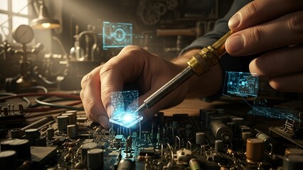 Engineer soldering a glowing futuristic microchip onto a complex circuit board in a workshop.