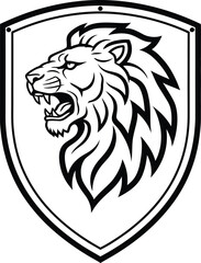 A black and white roaring lion head logo inside a shield emblem on a plain background