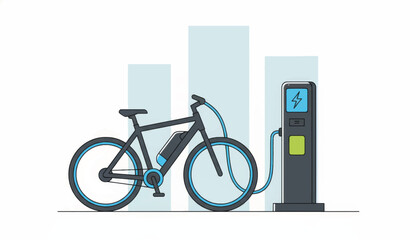 Electric bicycle charging at a public station. Urban e-bike mobility and sustainable transportation concept. Flat design vector illustration
