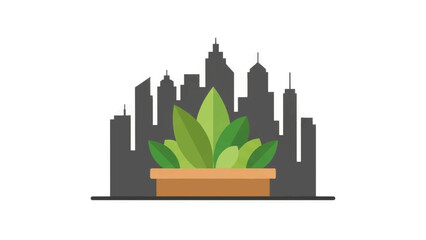 Urban garden and green city concept icon. Flat design vector illustration of a plant in front of a city skyline. Sustainability and ecology symbol