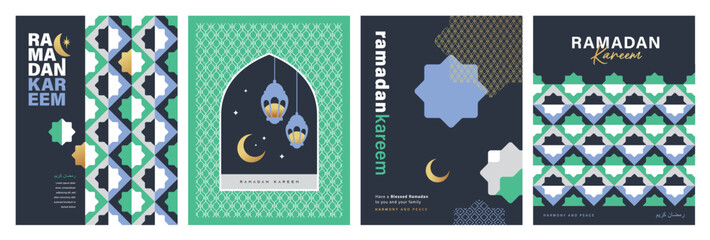 Set of Ramadan Kareem banner, poster, greeting card, cover design with mosque, crescent moon, lantern and typography in flat geometric style.   © LittleWhale