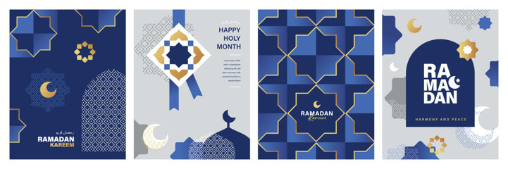 Set of Ramadan Kareem banner, poster, greeting card, cover design with mosque, crescent moon, pattern and typography in flat geometric style.   © LittleWhale