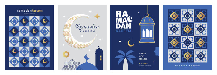 Set of Ramadan Kareem banner, poster, greeting card, cover design with mosque, crescent moon, pattern and typography in flat geometric style.   © LittleWhale