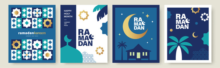 Set of Ramadan Kareem banner, poster, greeting card, cover design with mosque, crescent moon, pattern and typography in flat geometric style.   © LittleWhale