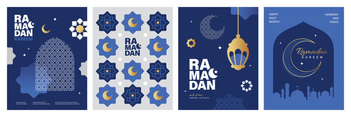 Set of Ramadan Kareem banner, poster, greeting card, cover design with mosque, crescent moon, lanterns and typography in flat geometric style.   © LittleWhale