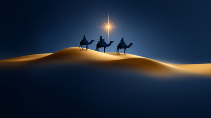 Three wise men riding camels across desert dunes under a dark blue sky, following the star of bethlehem, symbolizing the epiphany and christmas journey, copy space