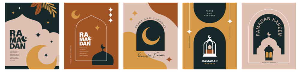 Set of Ramadan Kareem banner, poster, greeting card, cover design with mosque, crescent moon, lantern and typography in trendy flat geometric style.   © LittleWhale