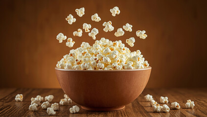 A wooden bowl is full of popcorn, with some pieces flying in the air and others scattered on the table