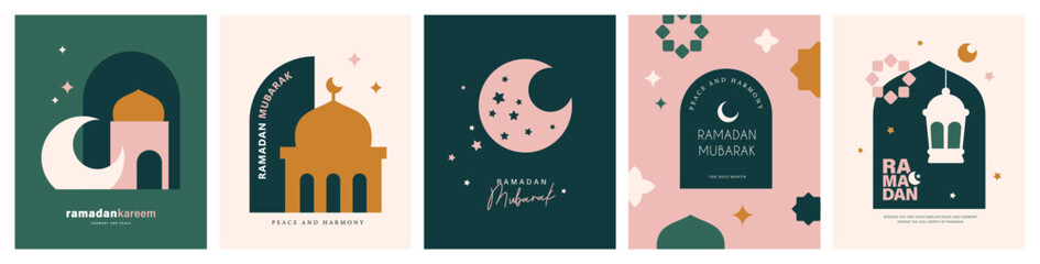 Set of Ramadan Kareem banner, poster, greeting card, cover design with mosque, crescent moon, lantern and typography in trendy flat geometric style.   © LittleWhale